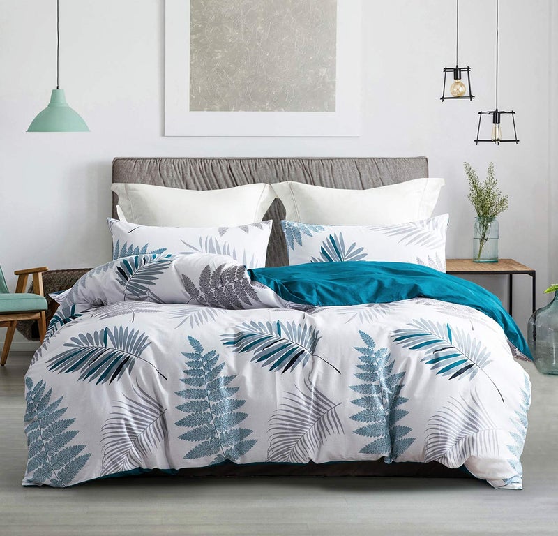 SLEEPBELLA Duvet Cover Set, 600 Thread Count Cotton Leaf Botanical Pattern Print Reversible Comforter Cover Set (Queen, Teal Blue-Leaf) - Image 1